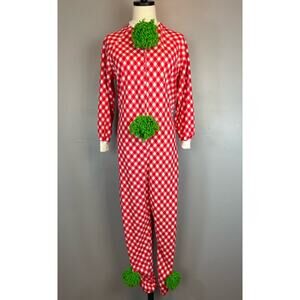 Vintage 1970s Homemade Clown Costume Red White Checked Green Pom Pom Small